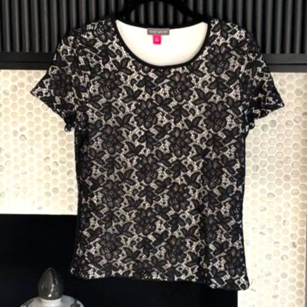 Vince Camuto PS Black Floral Lace Short Sleeve Shirt Cami Lining